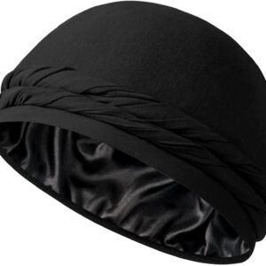 Ababalaya Satin Lined Halo Turban for Mens Halo Turban PRE-TIED Beanie Hats Silky Lined Durag for Waves Braids Locs Sleeping Bonnet, Black, 1 PCS