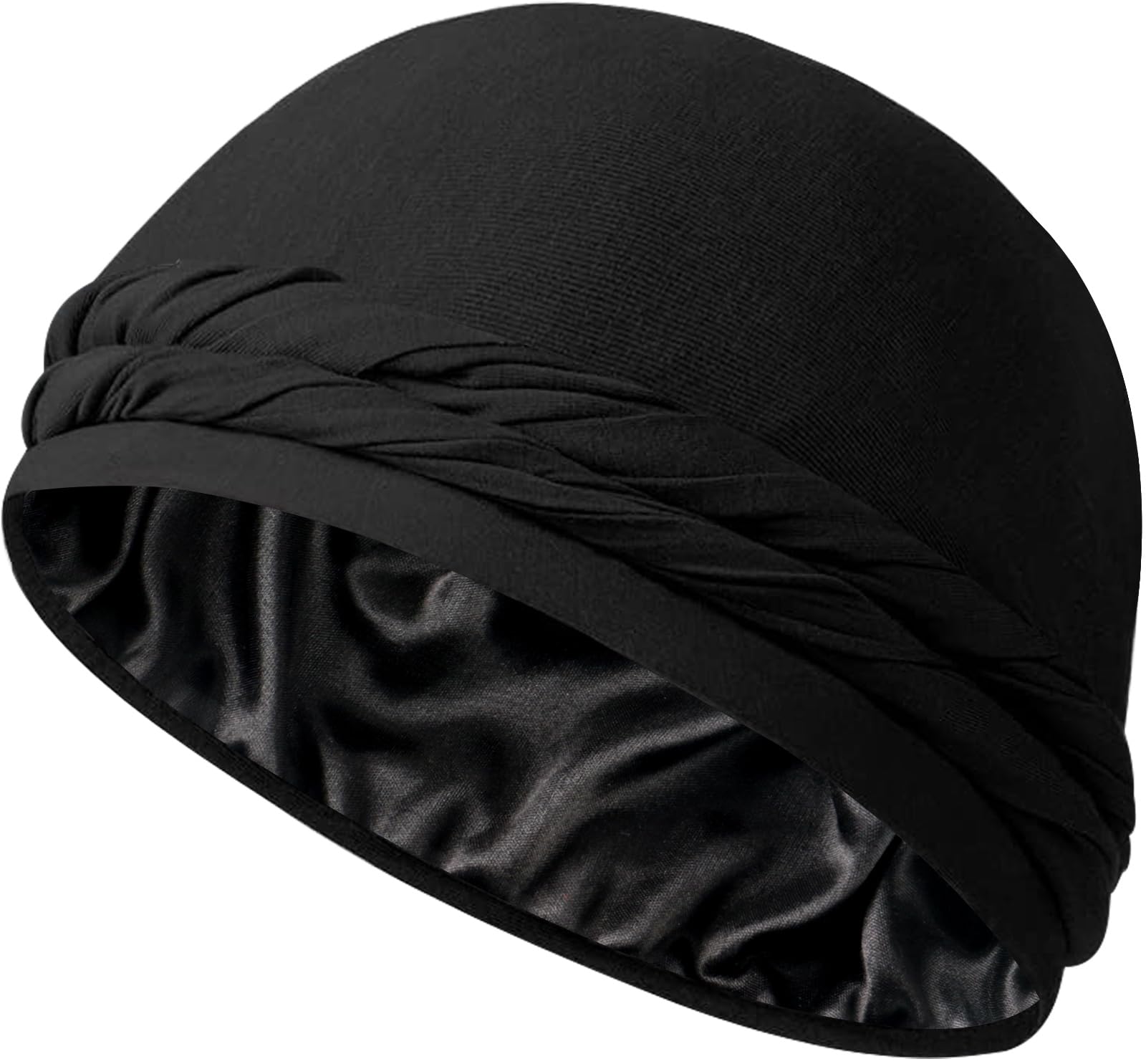 Ababalaya Satin Lined Halo Turban for Mens Halo Turban PRE-TIED Beanie Hats Silky Lined Durag for Waves Braids Locs Sleeping Bonnet, Black, 1 PCS