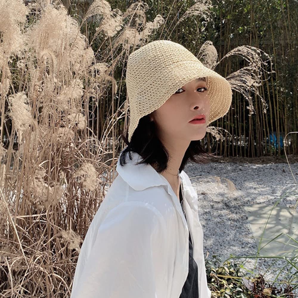 Women's Straw Sun Hat Hand-Woven Packable Beach Bucket Hat Summer Floppy UV Protection Hat(Beige)