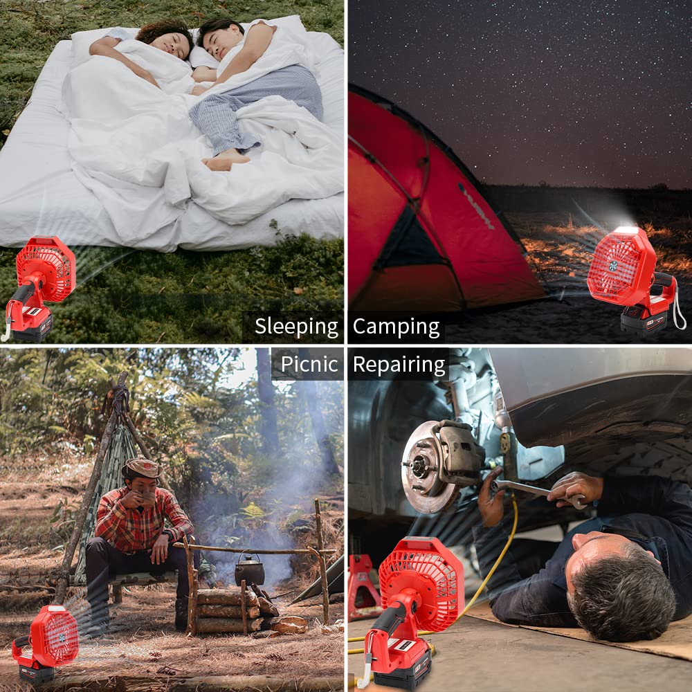 Choerinton Cordless Camping Fan for Milwaukee M18 18V Lithium Battery, Portable Tent Fan with 180LM Lantern,USB Port,3 Speed 3 Brightness Brushless Motor Personal Desk Fan for Car Repair,Picnic