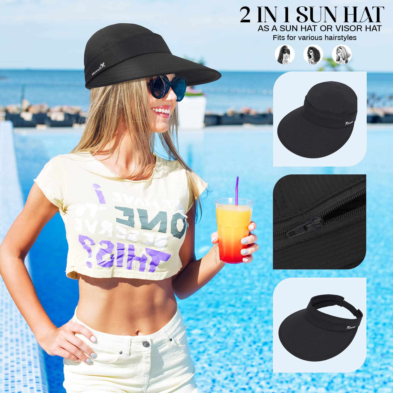 Sun Hat Womens Summer Beach Hats Wide Brim Packable Sun Visor with UV Protection Golf Hat with Ponytail Hole White Sunhat Cap