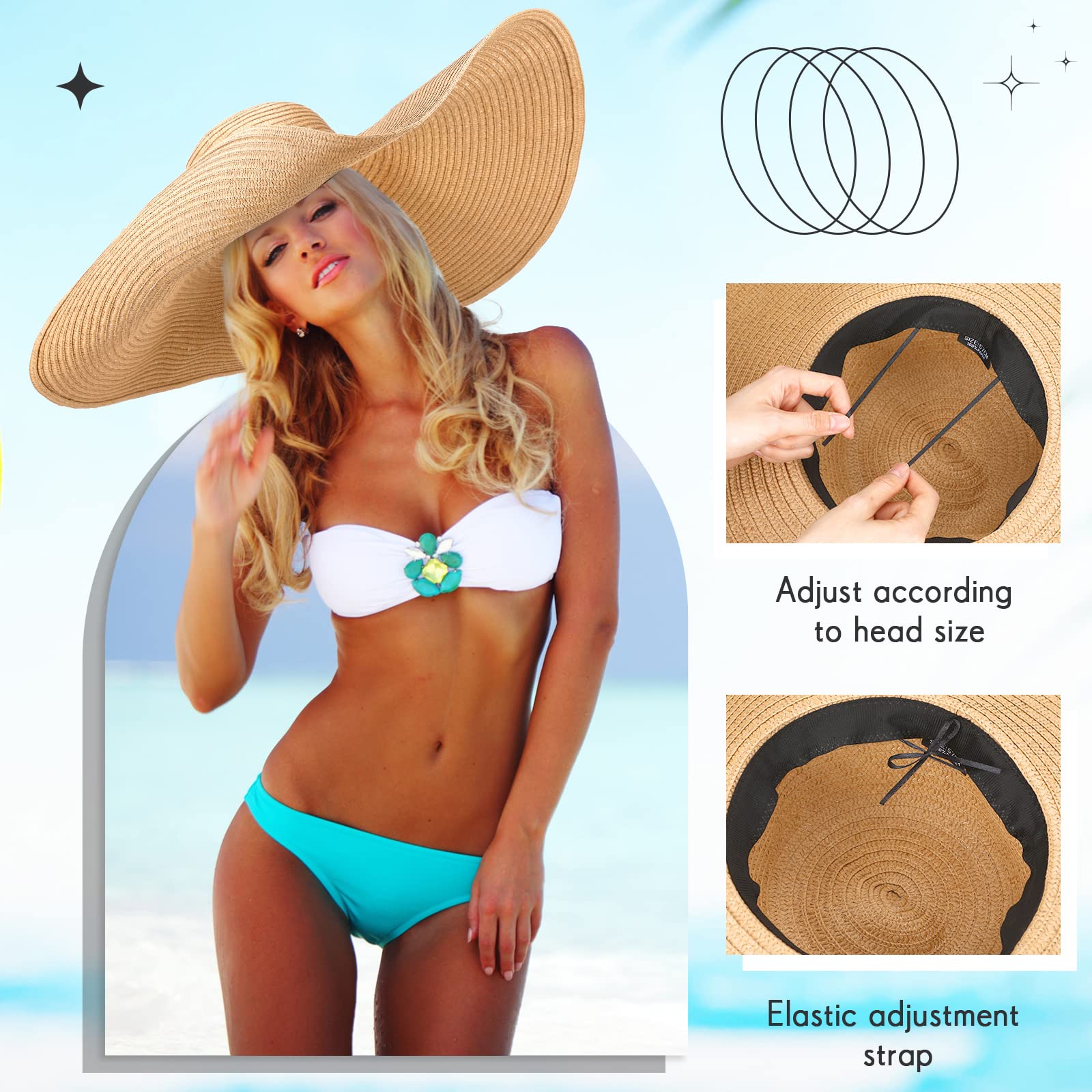 2 Pcs Oversized Beach Hat for Women UV Protection Large Wide Brim Foldable Beach Hat Floppy Beach Cap for Summer Outdoor (Brown, White)