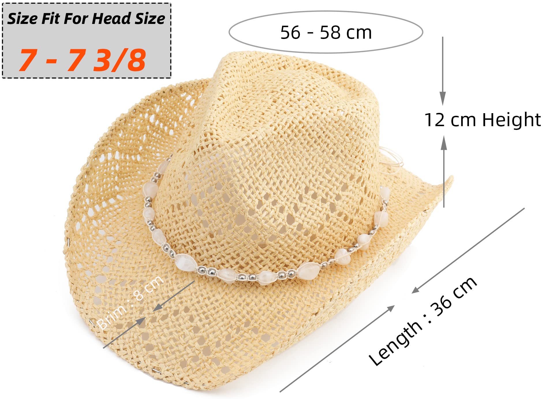 Pro Celia Men Women Cowgirl Straw Western Cowboy Hat (Bead-Beige)