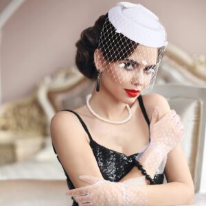 Geyoga 3 Pcs Fascinators Tea Party Hat Set Funeral Veil Hat Lace Gloves and Pearl Necklace Cocktail for 20s 50s Accessories(White)