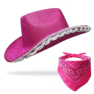 jicasto cowboy hat pink cowgirl hat with sequins & tiara crown for women rodeo party hats with heart glasses (glitter fringed hot pink)