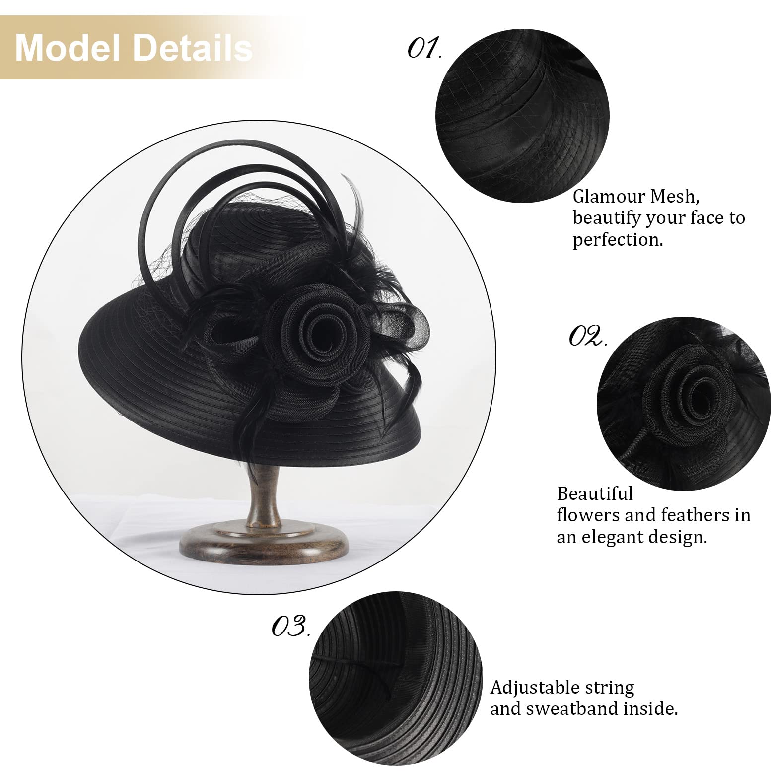 Women Church Tea Party Hat Kentucky Derby Wedding Cloche Bowler Dress Hats with Feathers(Black)