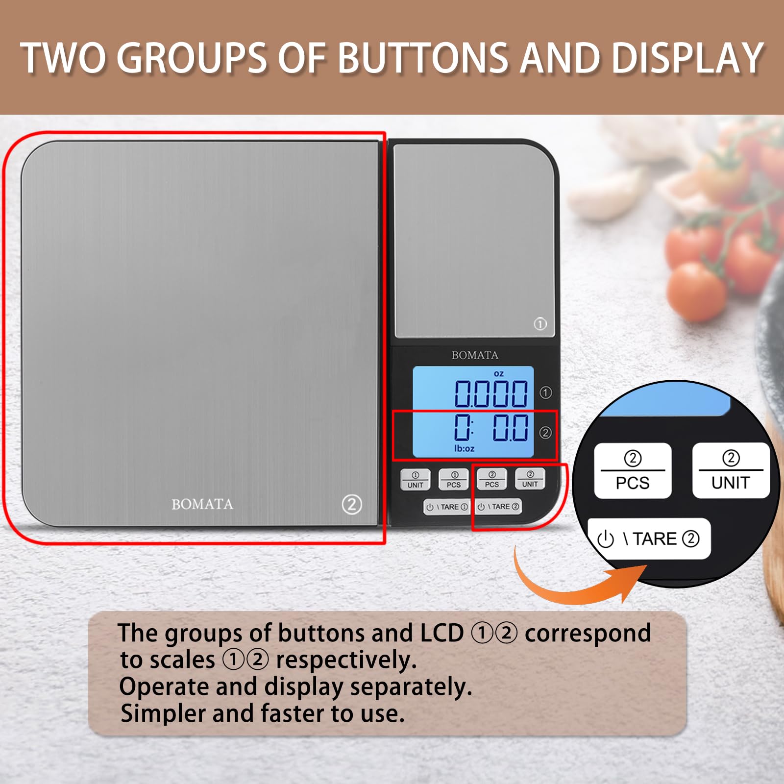 BOMATA Dual Platform Digital Kitchen Scale with Two Precision 0.1 g & 0.01 g/0.001 oz, Max Capacity 11 lb/5 kg, Food Scales Grams and Ounces with Stainless Steel, Backlit LCD