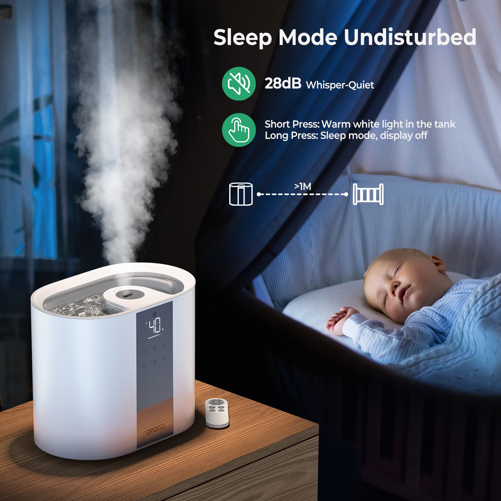 OPOWO Humidifiers for Bedroom, Cool Mist Humidifier for Baby and Plants, 5.5L(1.45 Gal) Top Fill Air Humidifier for Large Room with Essential Oil Diffuser, Sleep, Timer, Touch&Remote Control, Auto Off