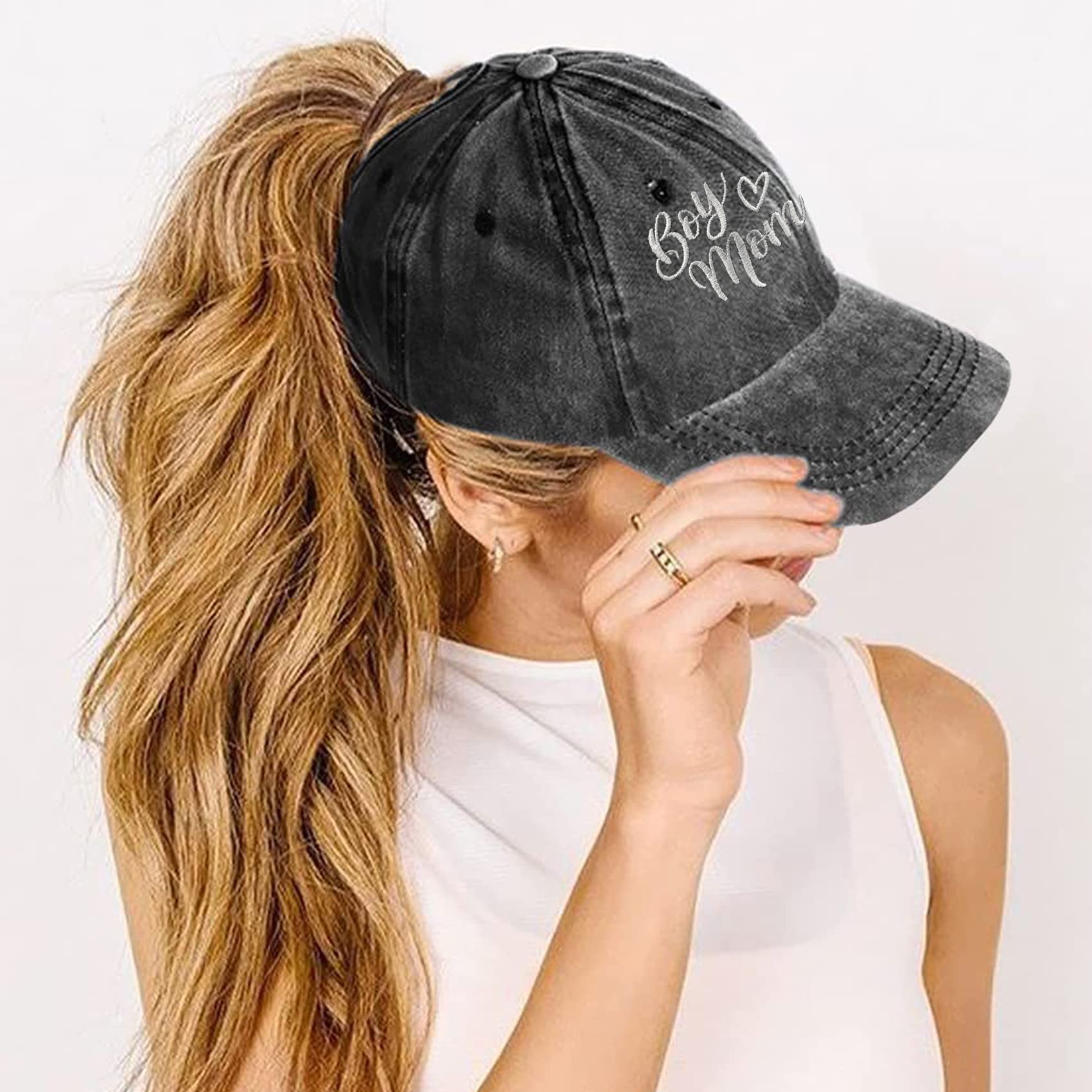 RNFENQS Women's Boy Mom Ponytail Baseball Cap Embroidered Denim Cotton Mama Hat Black