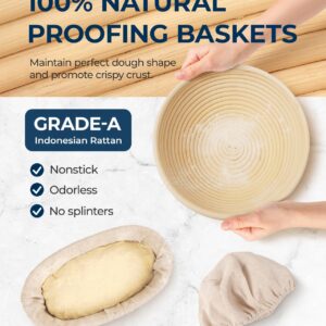 Lorzon Banneton Proofing Basket Set of 2, 10 Inch Round & Oval Cane Bread Proofing Baskets with Sourdough Bread Baking Supplies, Bread Making Kit