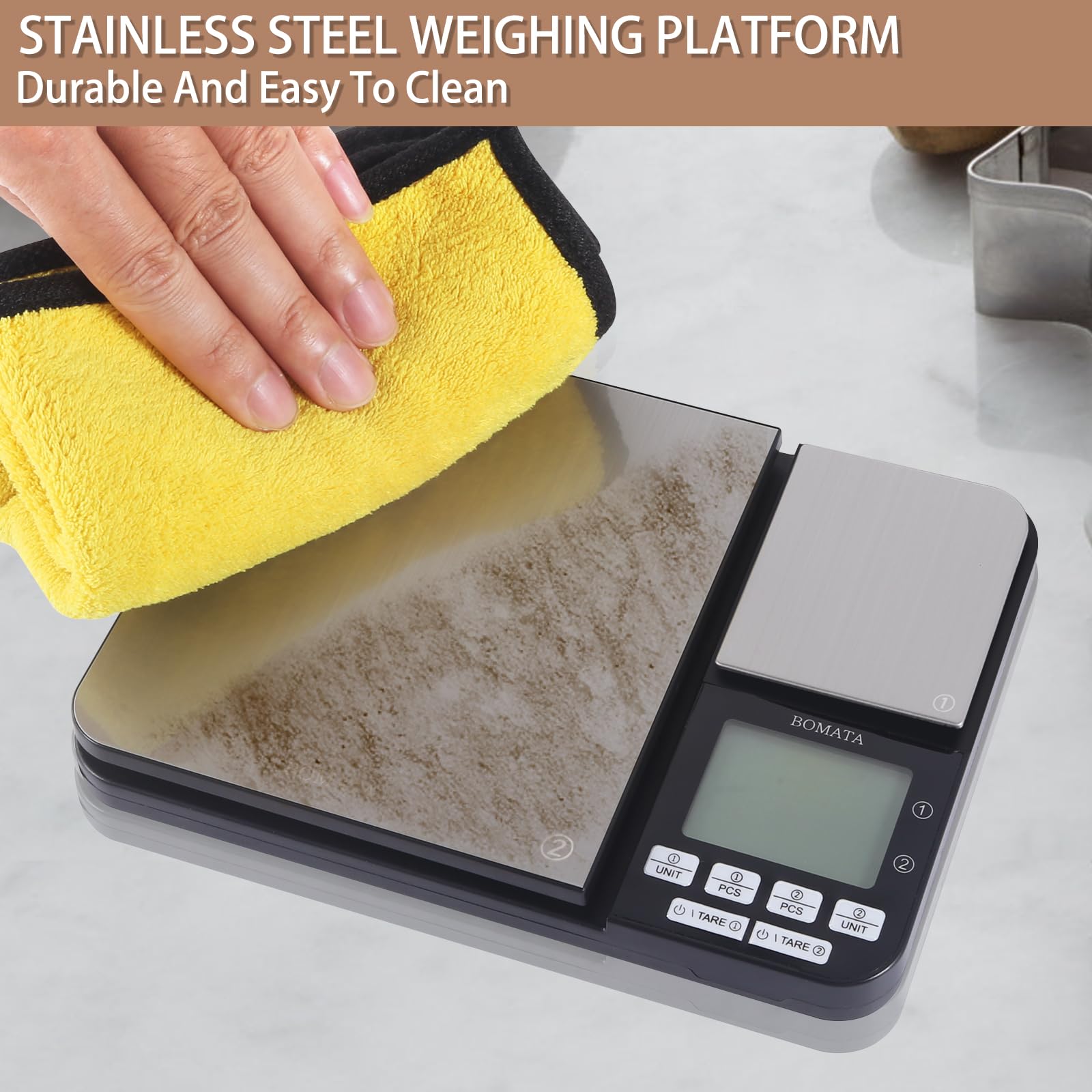 BOMATA Dual Platform Digital Kitchen Scale with Two Precision 0.1 g & 0.01 g/0.001 oz, Max Capacity 11 lb/5 kg, Food Scales Grams and Ounces with Stainless Steel, Backlit LCD