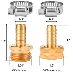 Sanpaint,Brass Garden Hose Connector Repair Mender Kit with Stainless Clamp,Fits 1/2" Water Hose Fitting,3 Sets(1/2" Barb x 3/4" GHT)