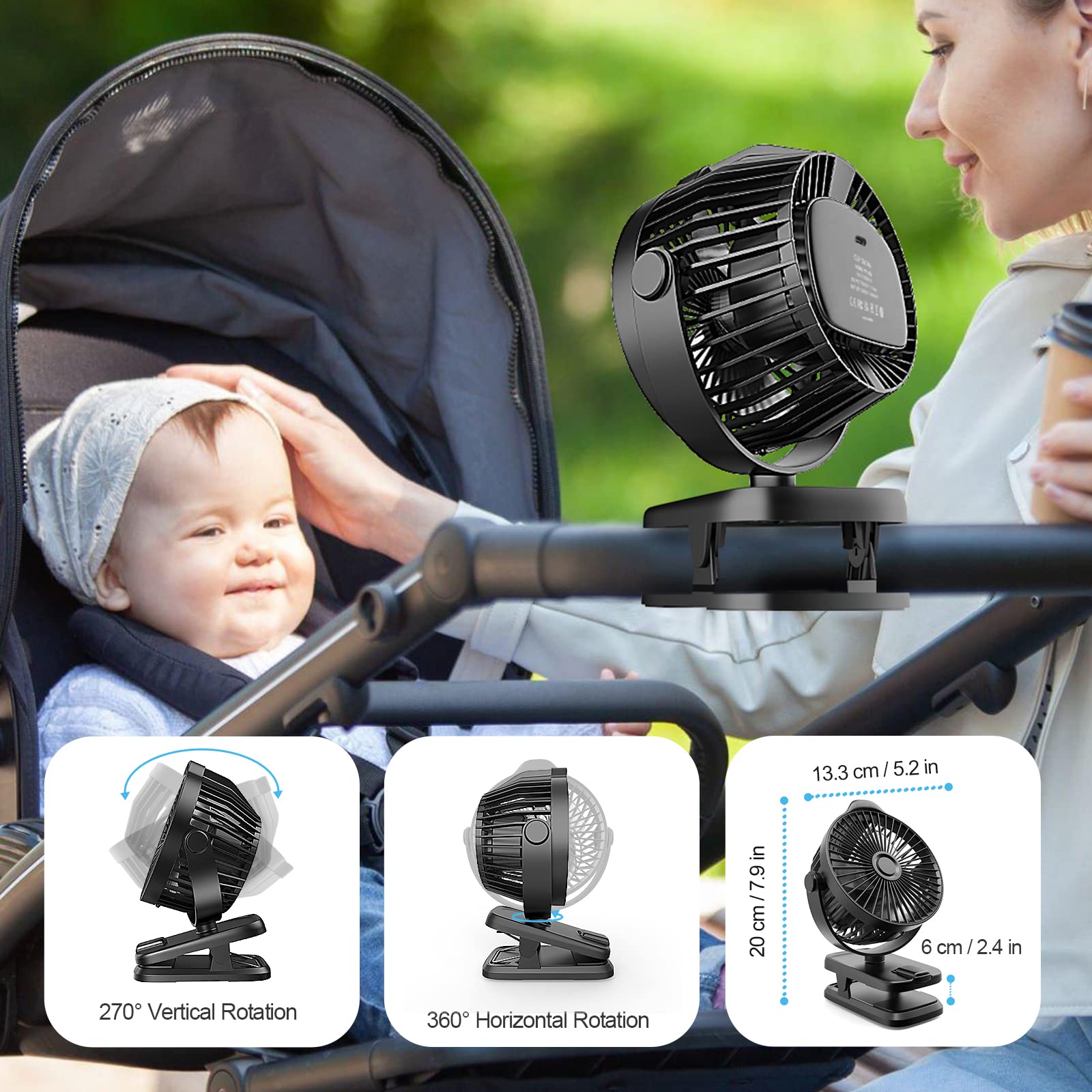 Small Clip on Fan with Remote Control | 8000mAh Battery | 5 Speeds | 5" Portable Rechargeable Mini Desk/Table Fan for Baby Stroller, Outdoor Camping, Tent, Desktop, Bedroom, Living Room, Office, Dorm