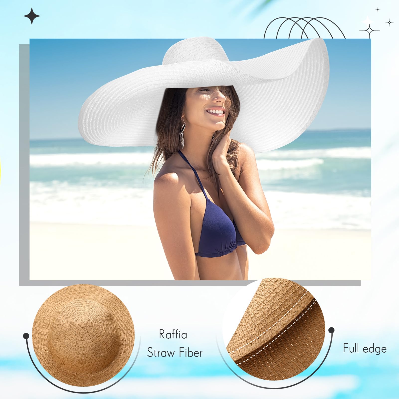 2 Pcs Oversized Beach Hat for Women UV Protection Large Wide Brim Foldable Beach Hat Floppy Beach Cap for Summer Outdoor (Brown, White)