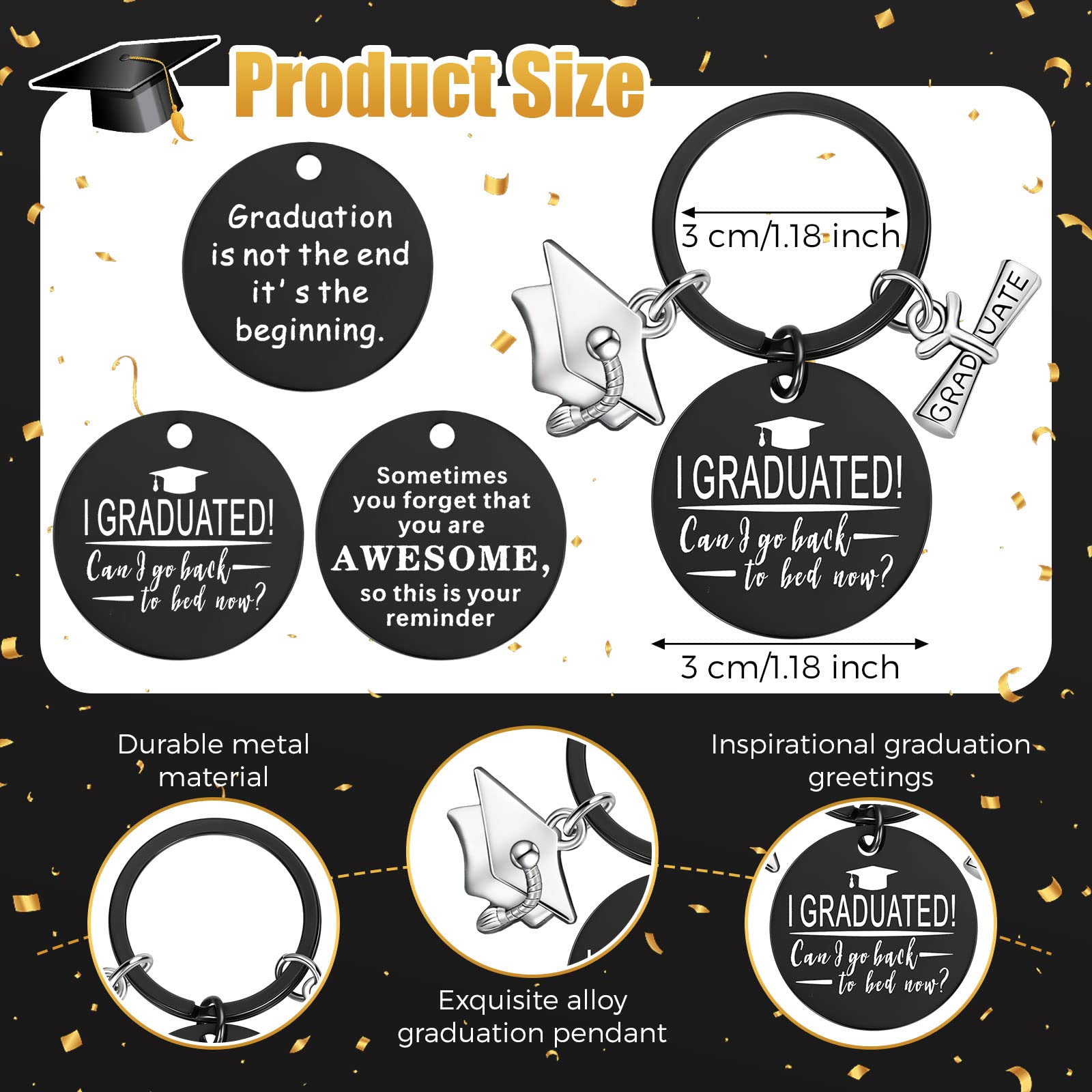 Batiyeer 24 Set Graduation Gifts Keychain for Class of 2024 with Graduation Cards for High School College Grads Women(Black Round, Black Rectangle)