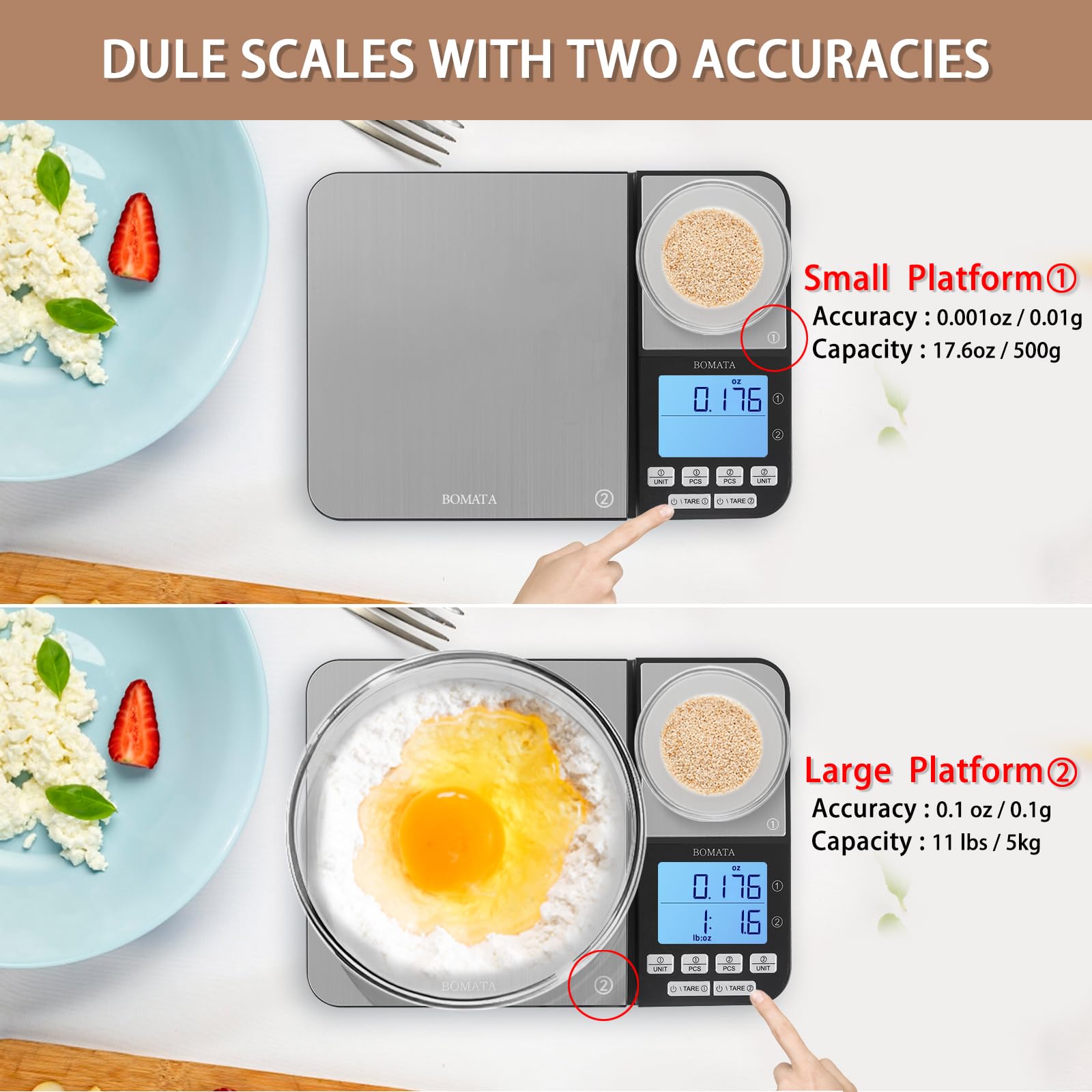 BOMATA Dual Platform Digital Kitchen Scale with Two Precision 0.1 g & 0.01 g/0.001 oz, Max Capacity 11 lb/5 kg, Food Scales Grams and Ounces with Stainless Steel, Backlit LCD