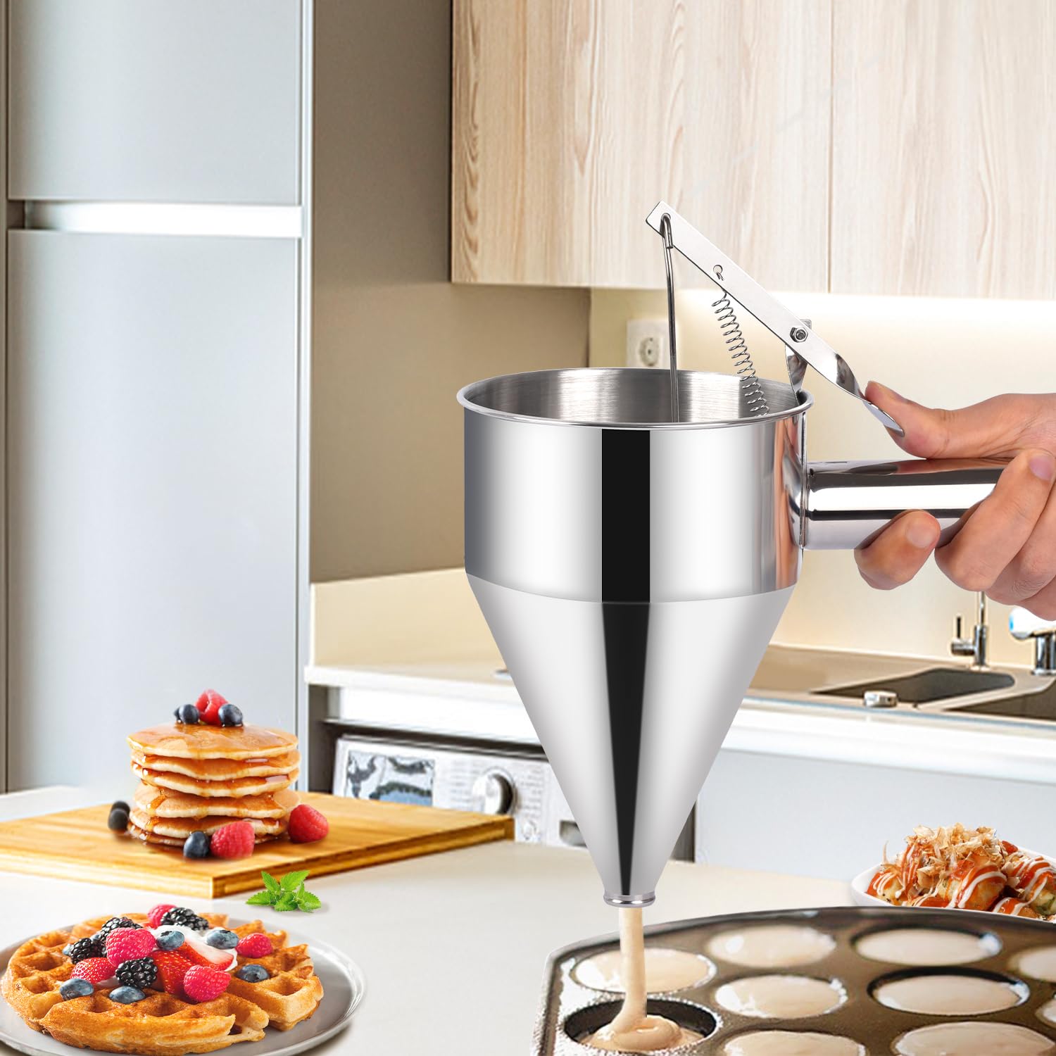 Pancake Batter Dispenser 40 OZ, Multi-Caliber Stainless Steel Funnel Cake Dispenser with Stand Great for Pancakes, Cupcakes and Baked Goods