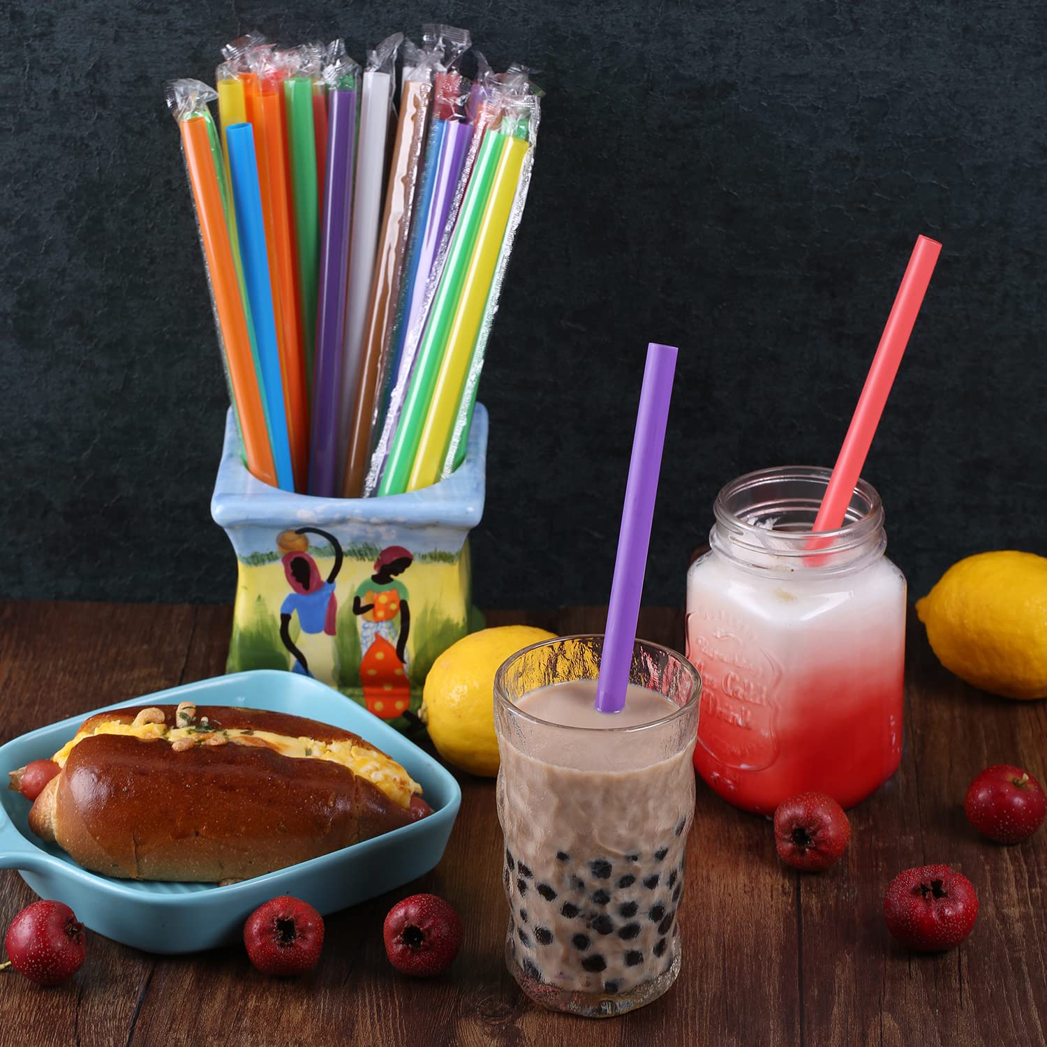 [Individually Wrapped] 100 Pcs Disposable Jumbo Smoothie Straws, Wide-mouthed Multi Colors Milkshakes Plastic Drinking Straws, (8.27" Long and 0.43" Diameter) BPA FREE