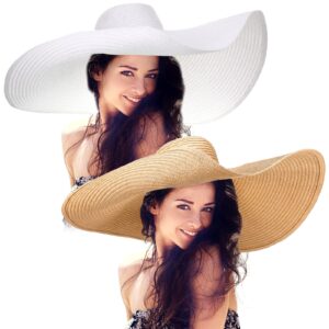 2 Pcs Oversized Beach Hat for Women UV Protection Large Wide Brim Foldable Beach Hat Floppy Beach Cap for Summer Outdoor (Brown, White)