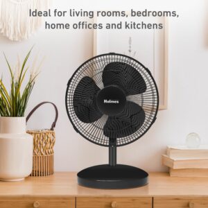 HOLMES 12" Table Fan, 75° Oscillation, 3 Speeds, 15° Adjustable Head Tilt, Ideal for Home, Bedroom or Office, Black