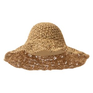 Lanzom Womens Ladies Straw Hat Wide Brim Beach Sun Cap Foldable Large Floppy Braided Sun Hat for Travel (Khaki)