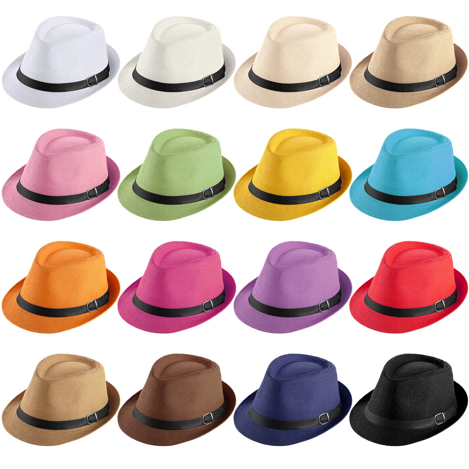 Mepase 16 Pcs 1920s Straw Hats Bulk Men Women Short Brim Caps Dress Hats Panama Style Hat Trilby Hats Western Straw Hats Colorful Party Hats Sun Hat for Summer Camping Garden Beach Fishing