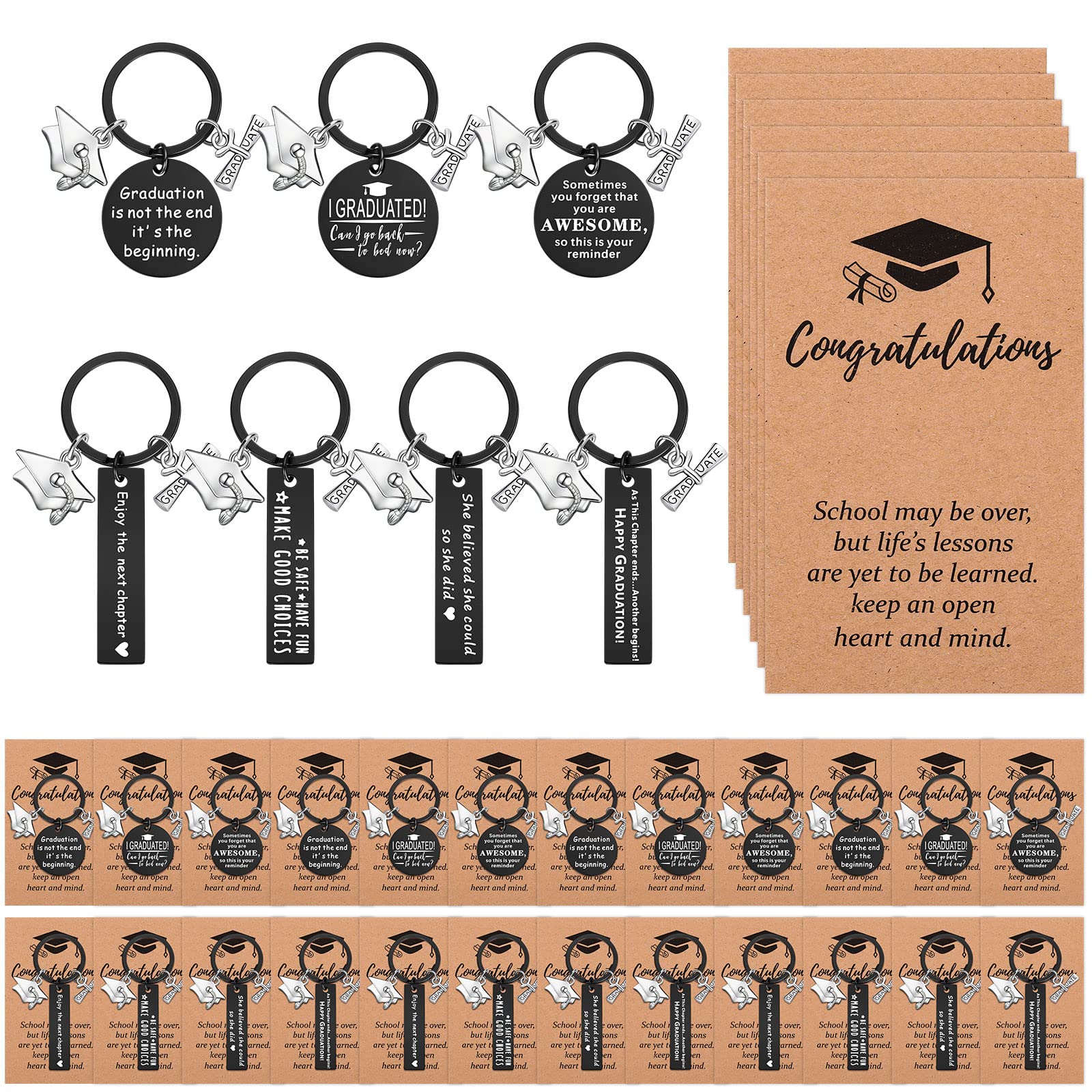 Batiyeer 24 Set Graduation Gifts Keychain for Class of 2024 with Graduation Cards for High School College Grads Women(Black Round, Black Rectangle)