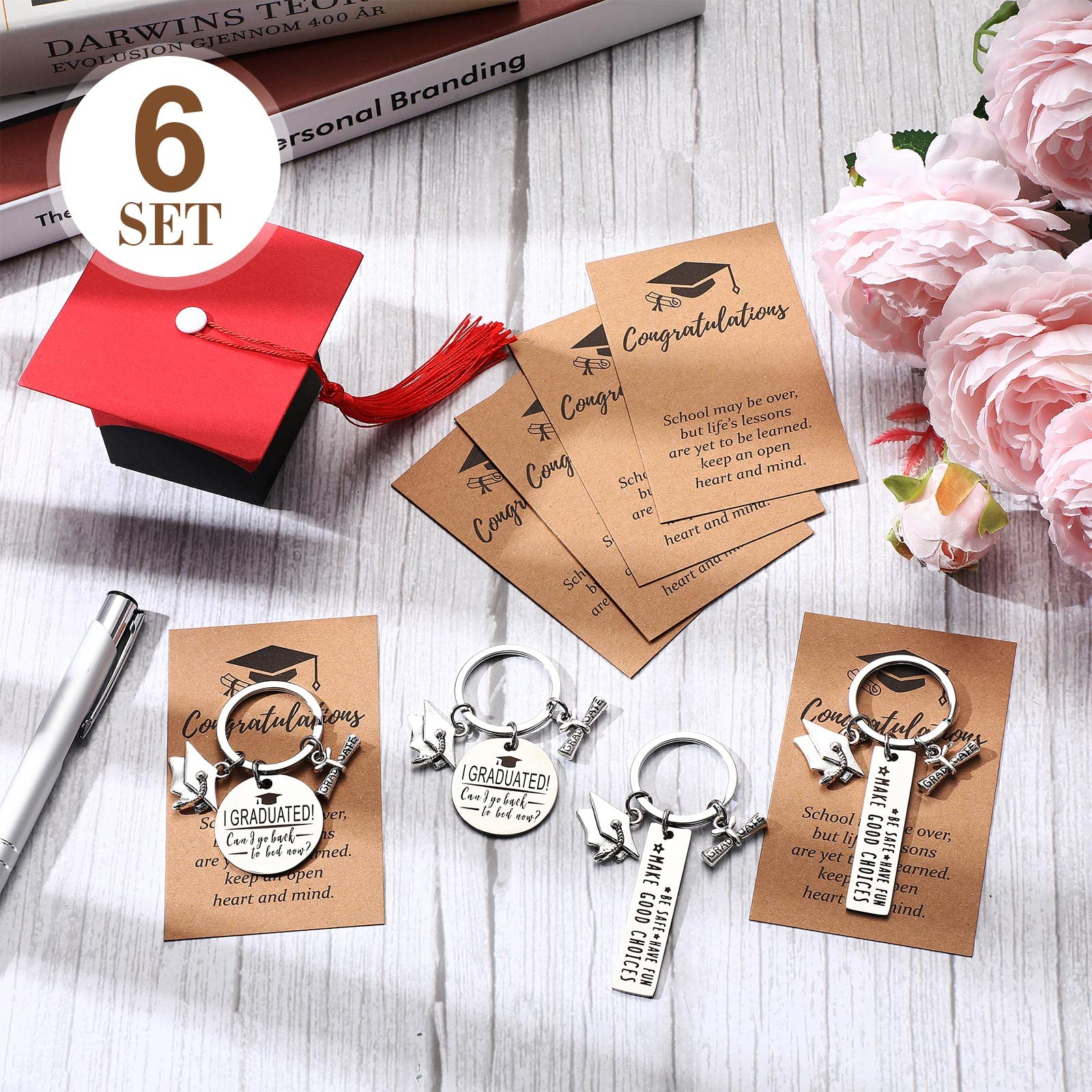 Cunno 12 Pcs Graduation Gifts Keychain 6 Pcs Graduation Key Chains Class of 2024 and 6 Pcs Inspirational Cards Grad Gift for Seniors 2024 High School College Student