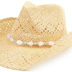 Pro Celia Men Women Cowgirl Straw Western Cowboy Hat (Bead-Beige)