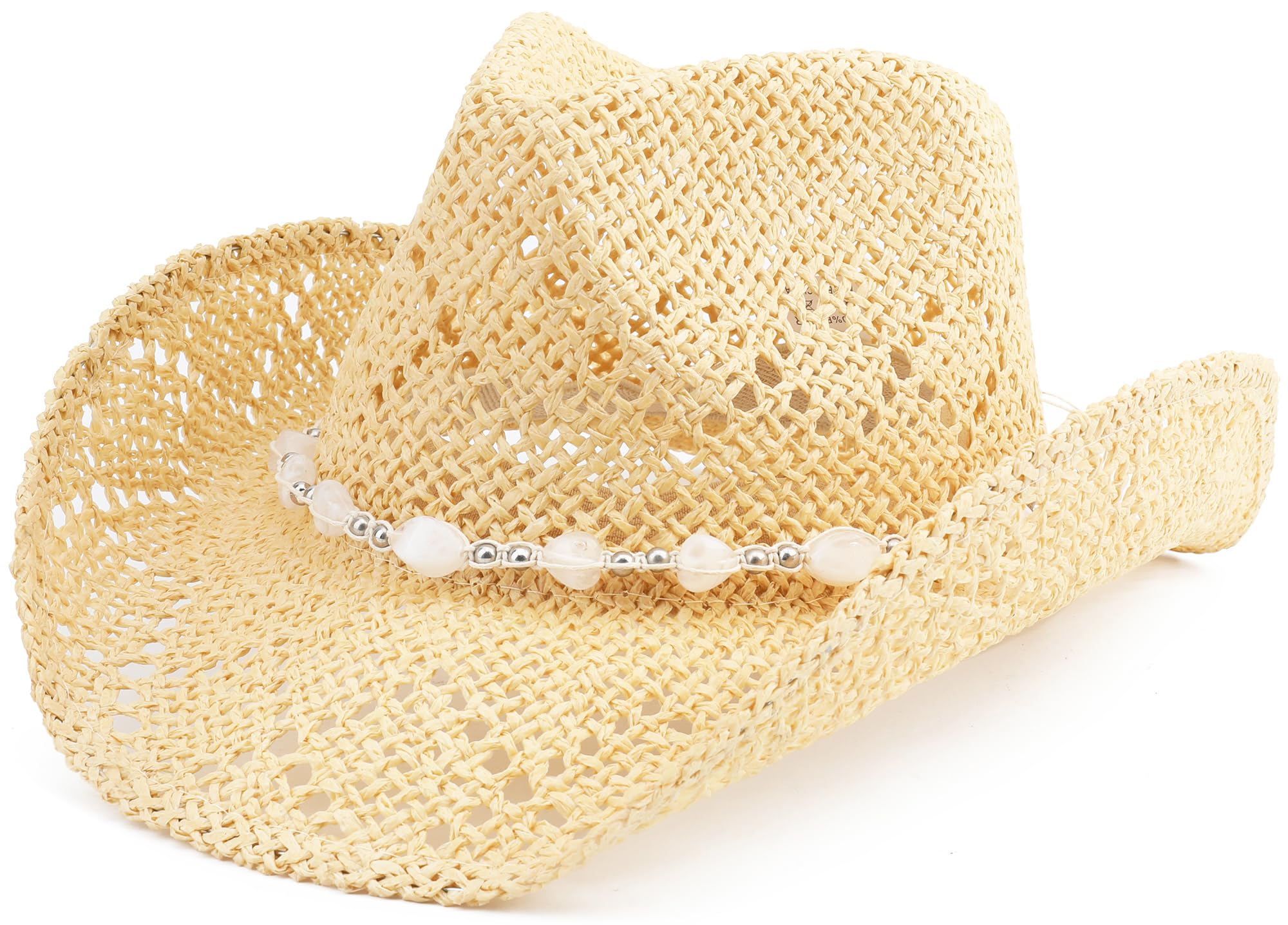 Pro Celia Men Women Cowgirl Straw Western Cowboy Hat (Bead-Beige)