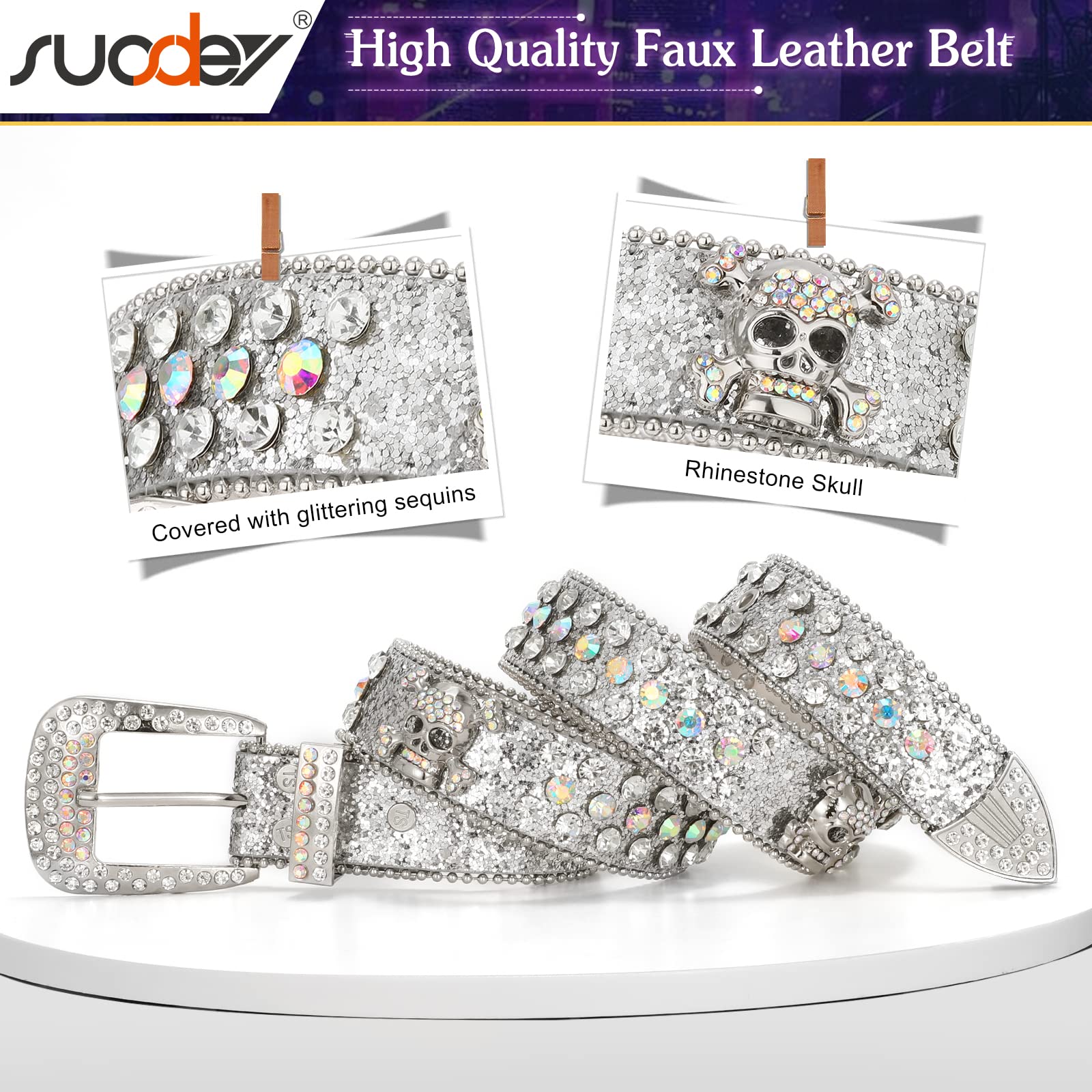 SUOSDEY Skull Rhinestone Belt for Men Women Sparkly Bling Diamond Sequin Studded Belt Western Cowgirl Cowboy Belt, Silver