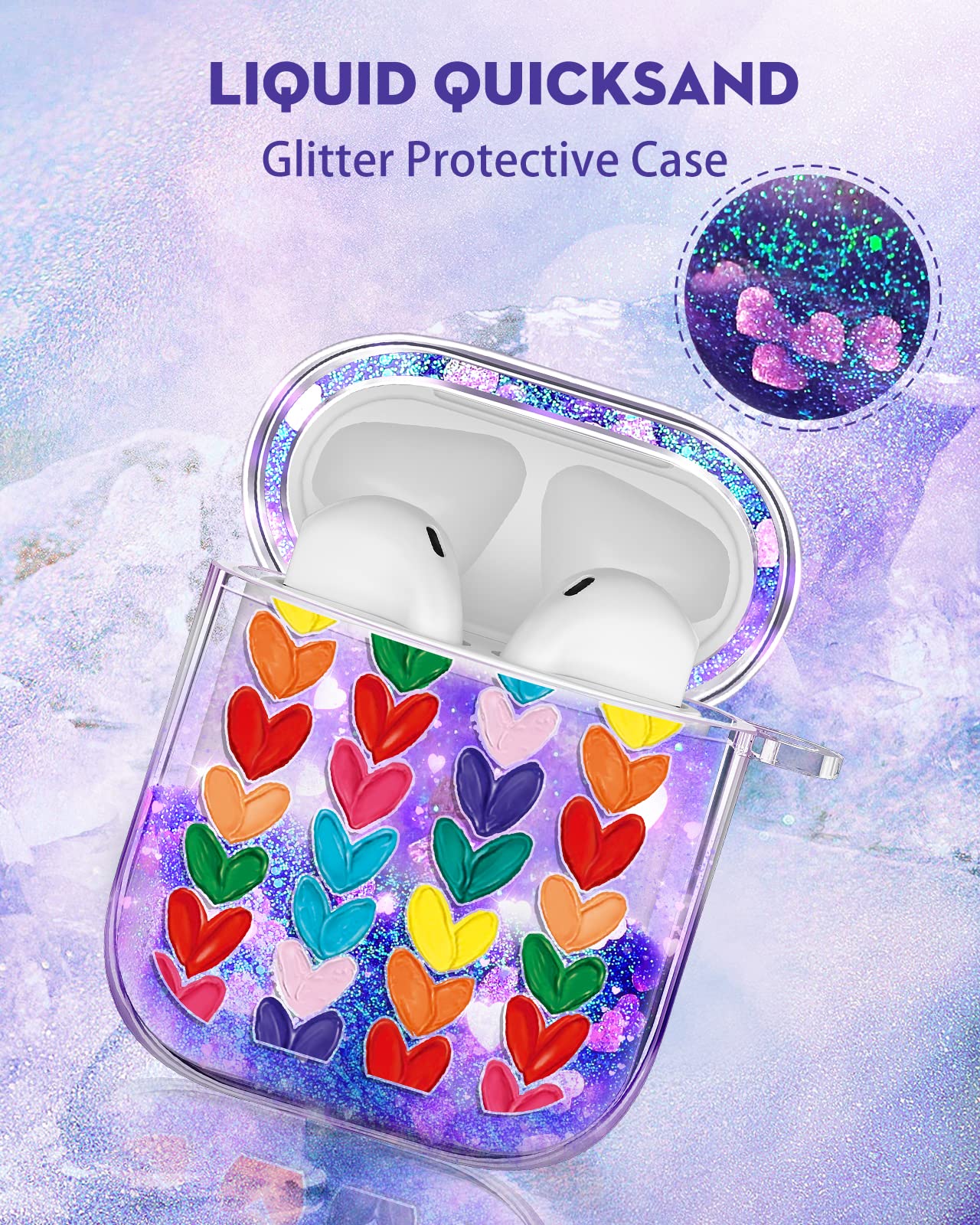 Kokaaee for Airpod Case 2nd & 1st Generation Cover Kawaii Funda Cute Aesthetic Girl Women Protector Liquid Glitter Bling Sparkly Heart Design Estuche Keychain Y2K Girly for Apple Air Pod 1/2 Gen