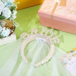 Wavyknot Bride Headband with Veil Bachelorette Party Decorations Bridal Headband for Wedding Crown White Pearl Headpiece Bachelorette Favors Bridesmaid Bridal Shower Party Gift