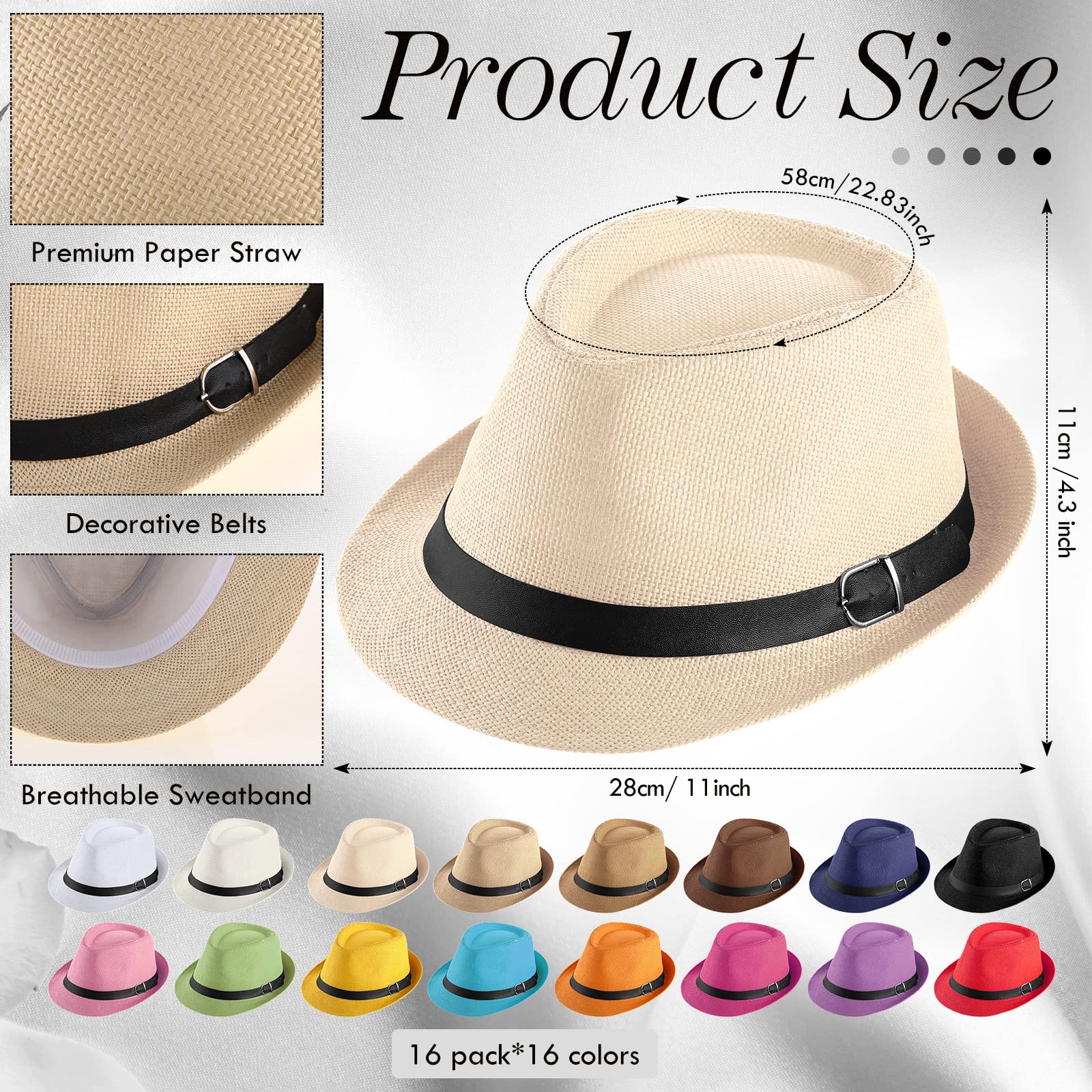 Mepase 16 Pcs 1920s Straw Hats Bulk Men Women Short Brim Caps Dress Hats Panama Style Hat Trilby Hats Western Straw Hats Colorful Party Hats Sun Hat for Summer Camping Garden Beach Fishing