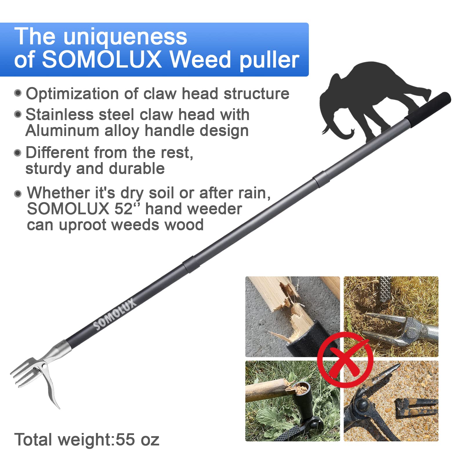 SOMOLUX 52'' Weed Puller Stand-up Weeder Weeding Tool for Gardening Heavy-Duty Stainless Steel Claw with Long Metal Handle Weed Remove Tool for Lawn/Yard and Garden Without Bending or Kneeling