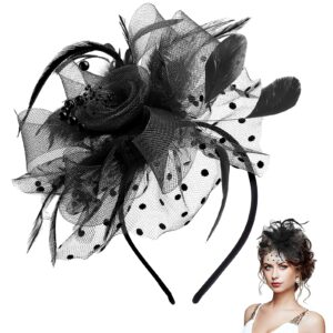 WLLHYF Fascinators Hat, 1920s Fascinators Hats for Women Flower Mesh Feathers Hair Clip Tea Party Hats Feather Headband (Black)