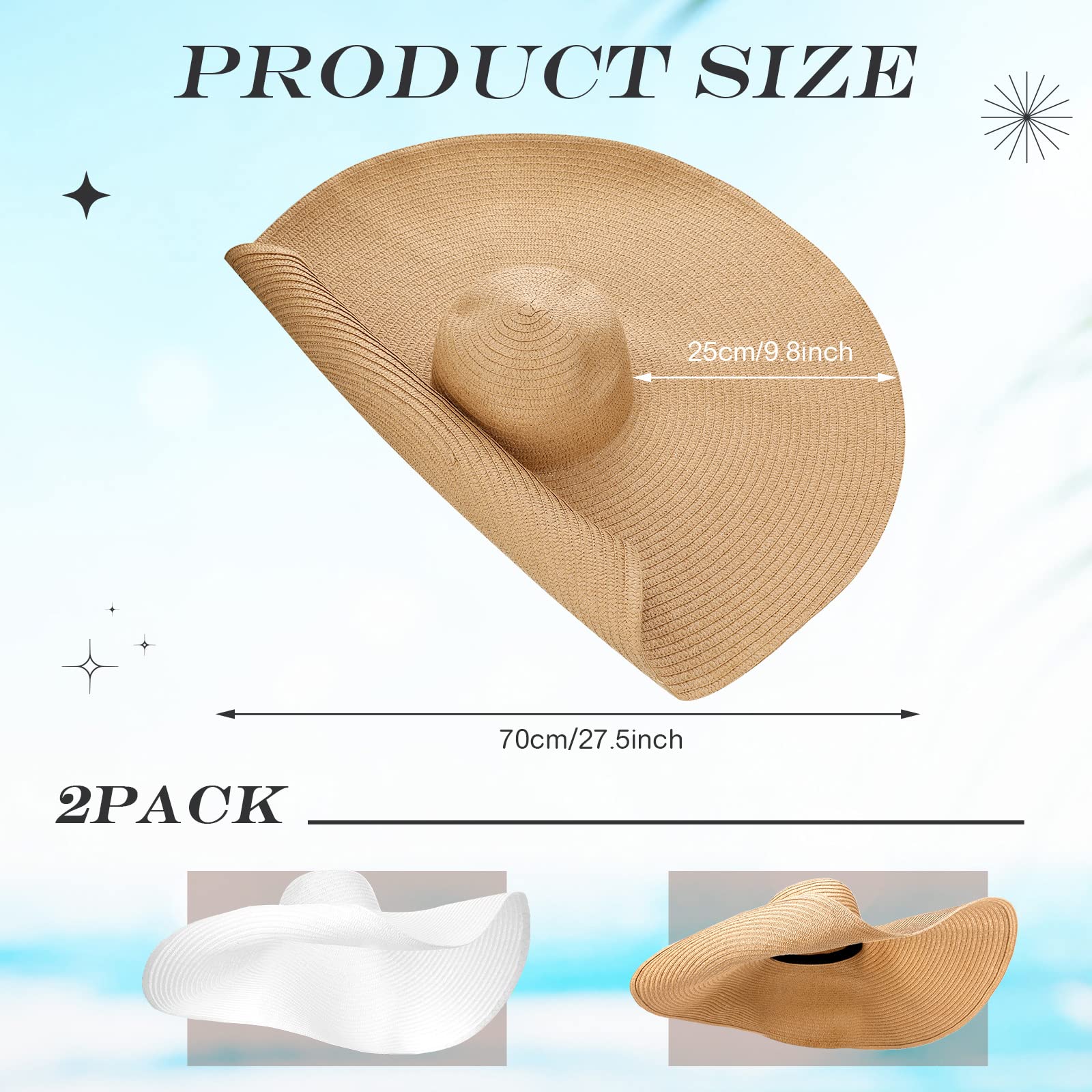 2 Pcs Oversized Beach Hat for Women UV Protection Large Wide Brim Foldable Beach Hat Floppy Beach Cap for Summer Outdoor (Brown, White)