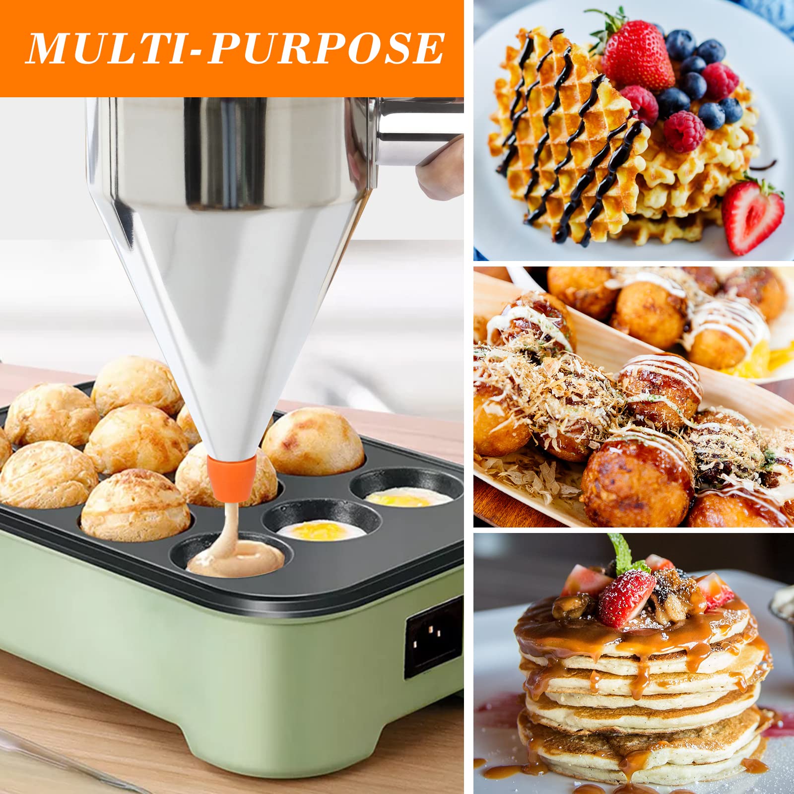 Pancake Batter Dispenser 40 OZ, Multi-Caliber Stainless Steel Funnel Cake Dispenser with Stand Great for Pancakes, Cupcakes and Baked Goods