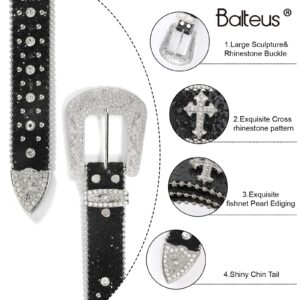 Balteus Women Men Rhinestone Belt,Fashion Western Cowgirl Cowboy Bling Studded Cross Leather Belt Diamond for Jeans Dress,Black,S,