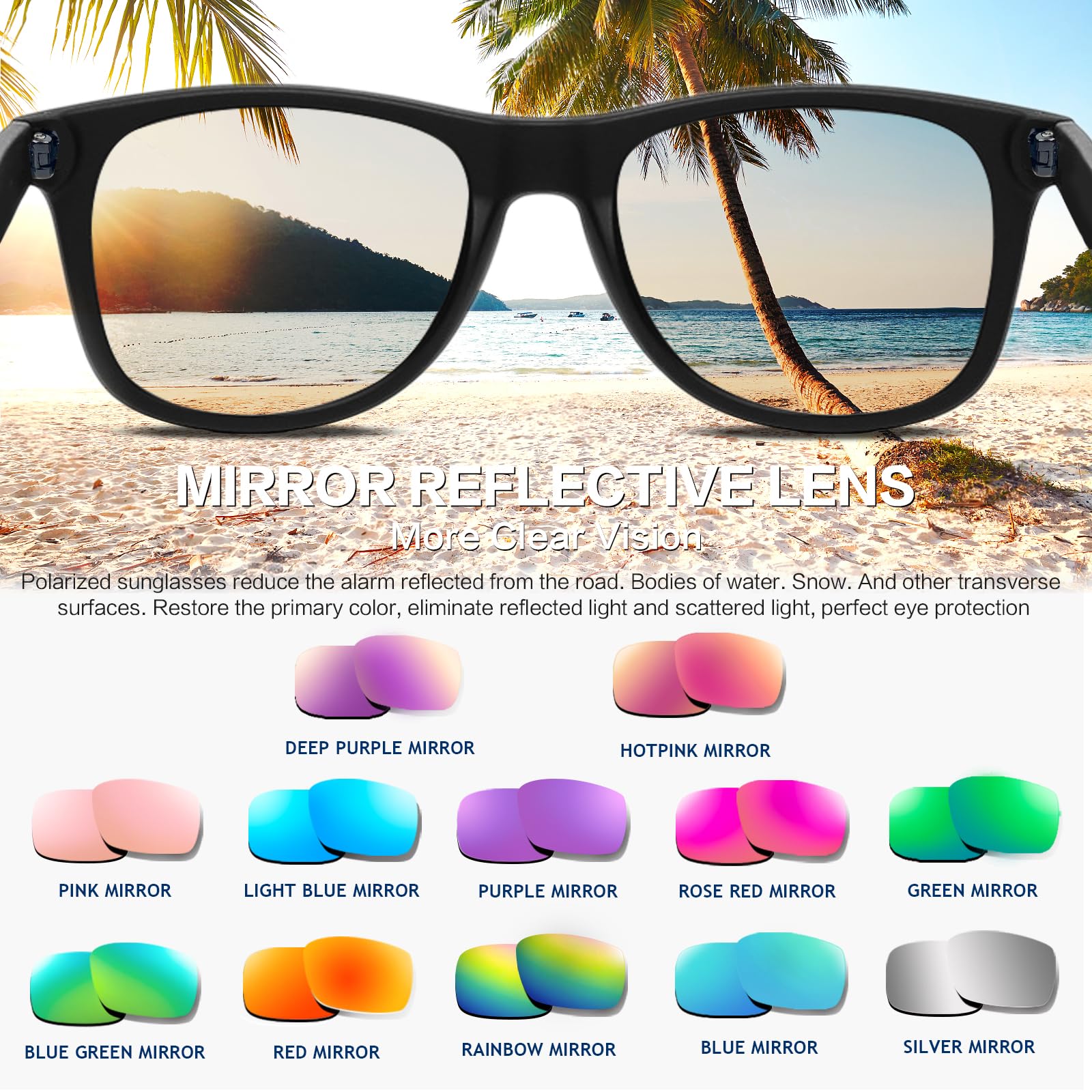 SUNOVELTIES 10 Pack Colored Sunglasses Clear Frame Mirrored Lens Bulk Party Glasses Classic Eyewear Birthday Beach Pool Unisex Adults