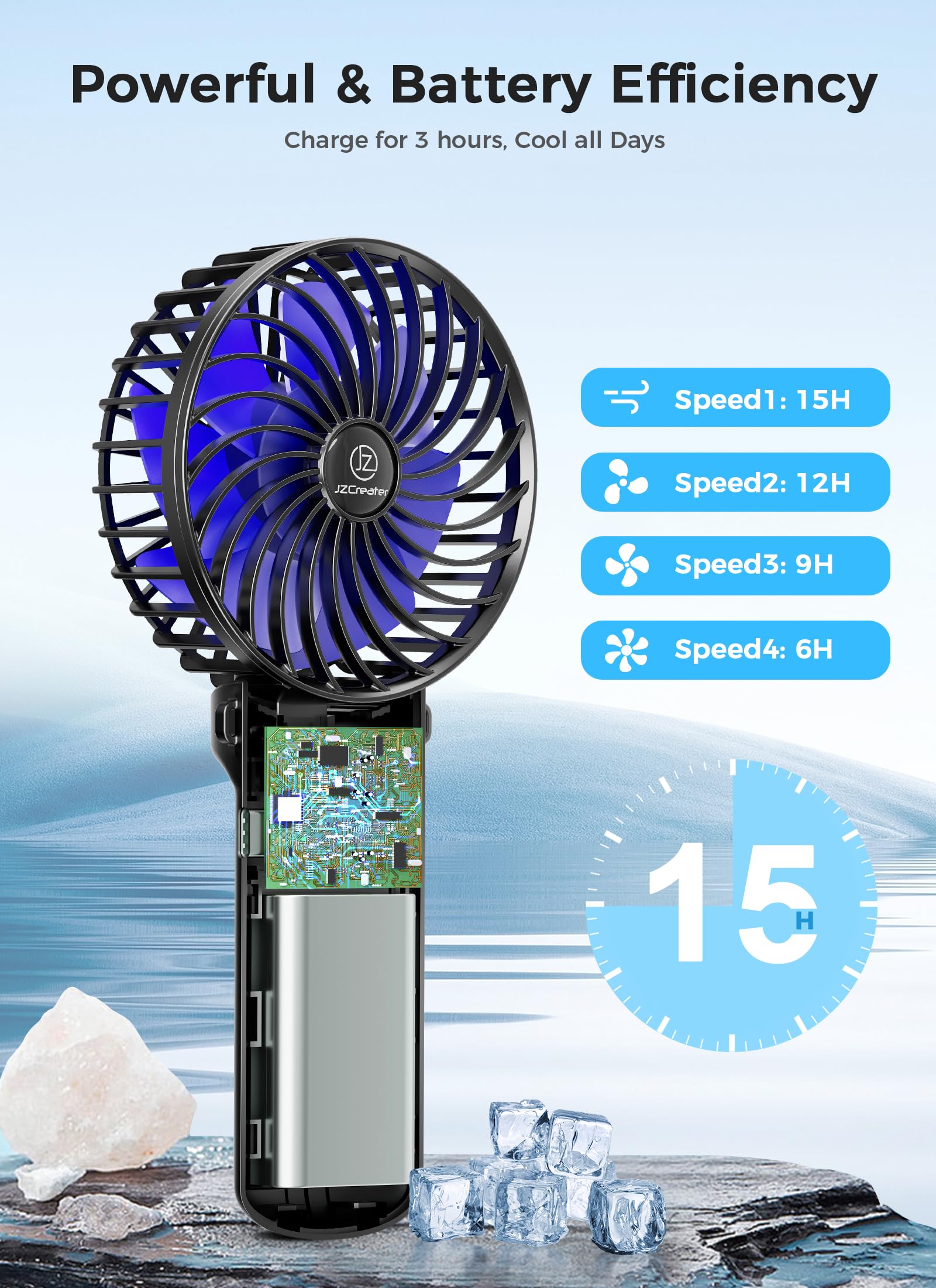 JZCreater Mini Handheld Fan,Portable Hand Held Fan, 15H Cooling Fan, Quiet 4 Speed, USB Rechargeable Battery Operated Desk Fan, Small Folding Electric Fan for Travel Outdoor Home Office Makeup, BLACK