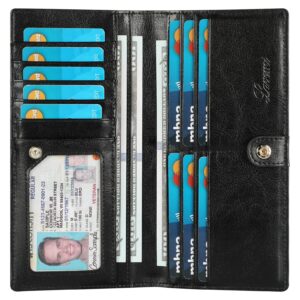 lavemi ultra slim thin leather women wallet rfid blocking credit card holder bifold long ladies billfold (2-waxed black)