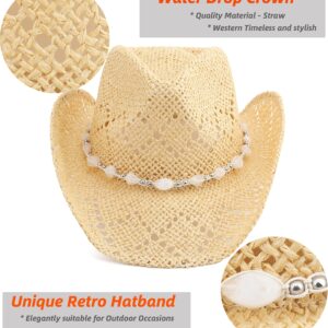 Pro Celia Men Women Cowgirl Straw Western Cowboy Hat (Bead-Beige)