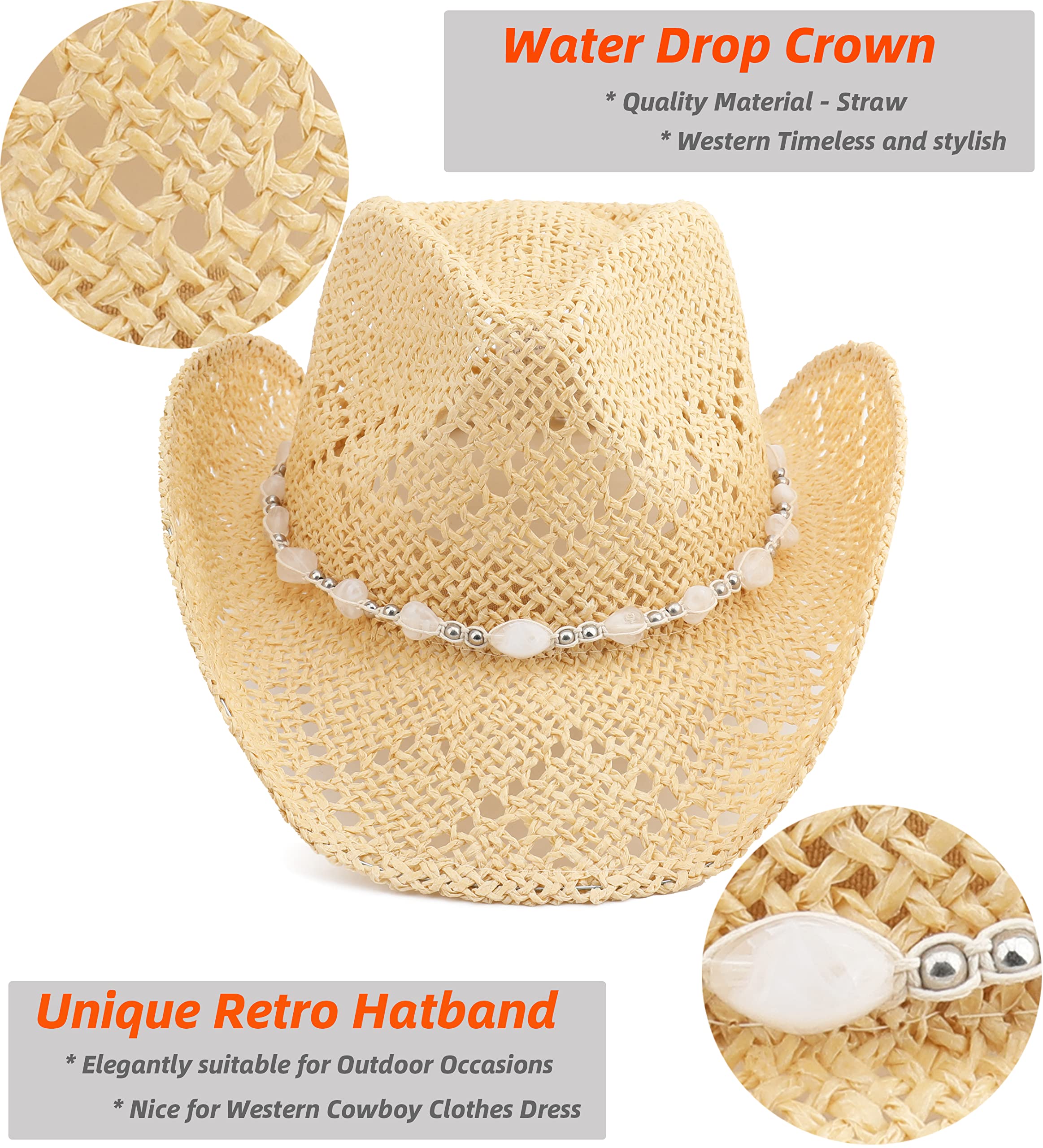 Pro Celia Men Women Cowgirl Straw Western Cowboy Hat (Bead-Beige)