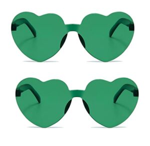 alvogimor 2 pack heart shape sunglasses,colorful rimless sunglasses transparent heart glasses candy color eyewear for party favor(deep green)