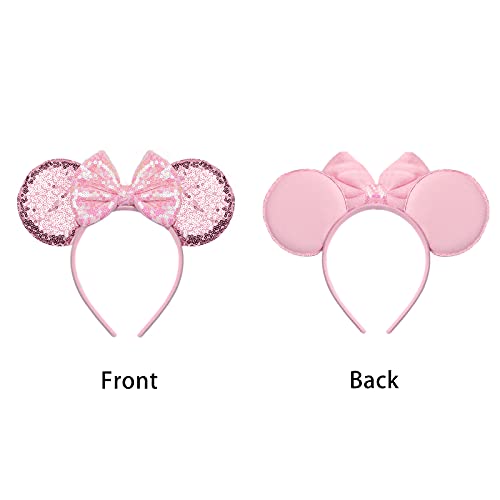 ZYTJ 2 Pcs Mouse Ears Headbands,Shiny Bows Mouse Ears Headbands for Birthday Parties, Themed Events, A Perfect Addition to Your Trip Essentials and Accessories for Women allpink