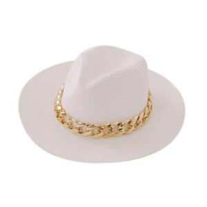 SOLEORO Chic Wide Brim Panama Fedora Straw Sun Hat with Gold Chain for Women Pool Beach Vacation Bachelorette