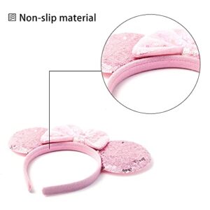 ZYTJ 2 Pcs Mouse Ears Headbands,Shiny Bows Mouse Ears Headbands for Birthday Parties, Themed Events, A Perfect Addition to Your Trip Essentials and Accessories for Women allpink