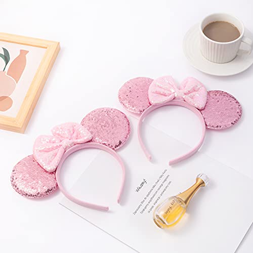 ZYTJ 2 Pcs Mouse Ears Headbands,Shiny Bows Mouse Ears Headbands for Birthday Parties, Themed Events, A Perfect Addition to Your Trip Essentials and Accessories for Women allpink