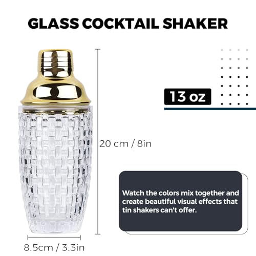 Gbuxska Glass Cocktail Shaker Set - Glass Shaker for Cocktails, Drink Shakers Cocktail and Cocktail Shakers, Glass Shaker Set for Bars, Whiskey, Cocktails (Gold, 13 oz)